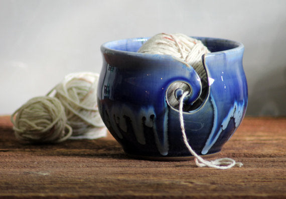 Yarn Bowl hand thrown stoneware Snowflake Blue knitting crochet