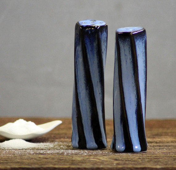 Stoneware pottery Salt Pepper ShakerSset Midnight Blue Tall
