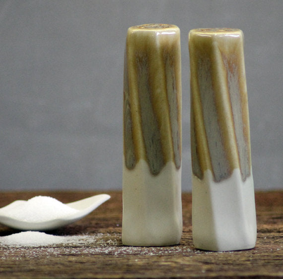 Stoneware Pottery Salt and Pepper Shaker Set White Caramel Tall