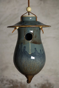 Hand Thrown Stoneware Pottery Bird House Volcano Blue