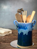Wine Chiller Utensil Holder Hand Thrown Stoneware Snowflake Blue