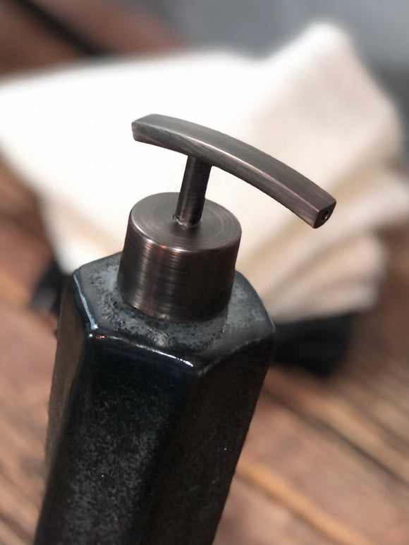Hand Made Stoneware Soap Lotion Dispenser Pump Tourmaline Black Hexagon Style
