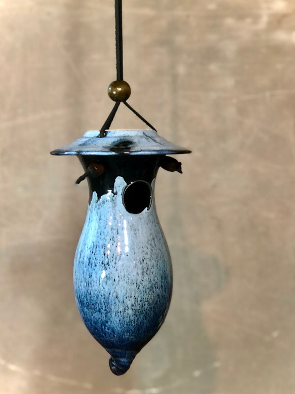 Hand Thrown Stoneware Pottery Bird House Midnight Blue Black
