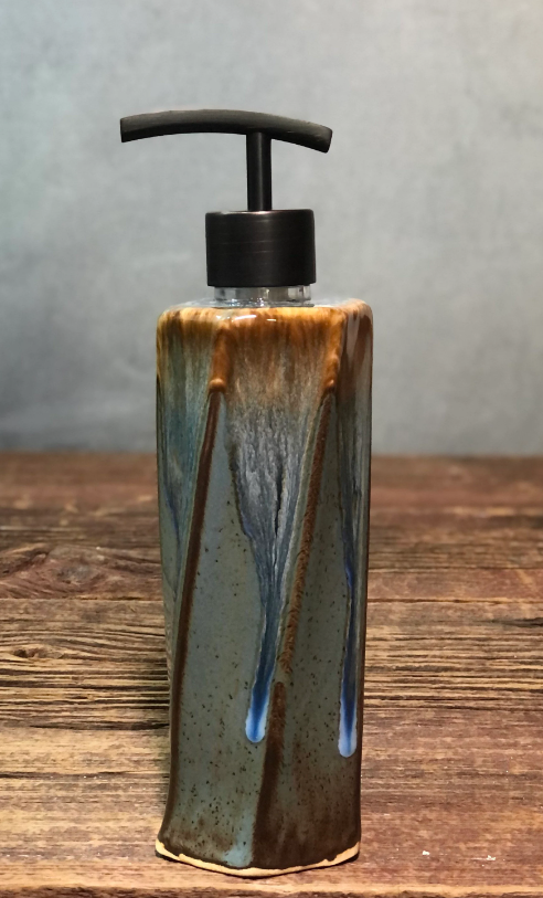Hand Made Stoneware Soap Lotion Dispenser Pump Volcano Blue Hexagon Style