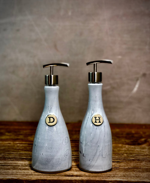 Hand Thrown Stoneware Soap Lotion Dispenser Pump White Stone Set Dish & Hand