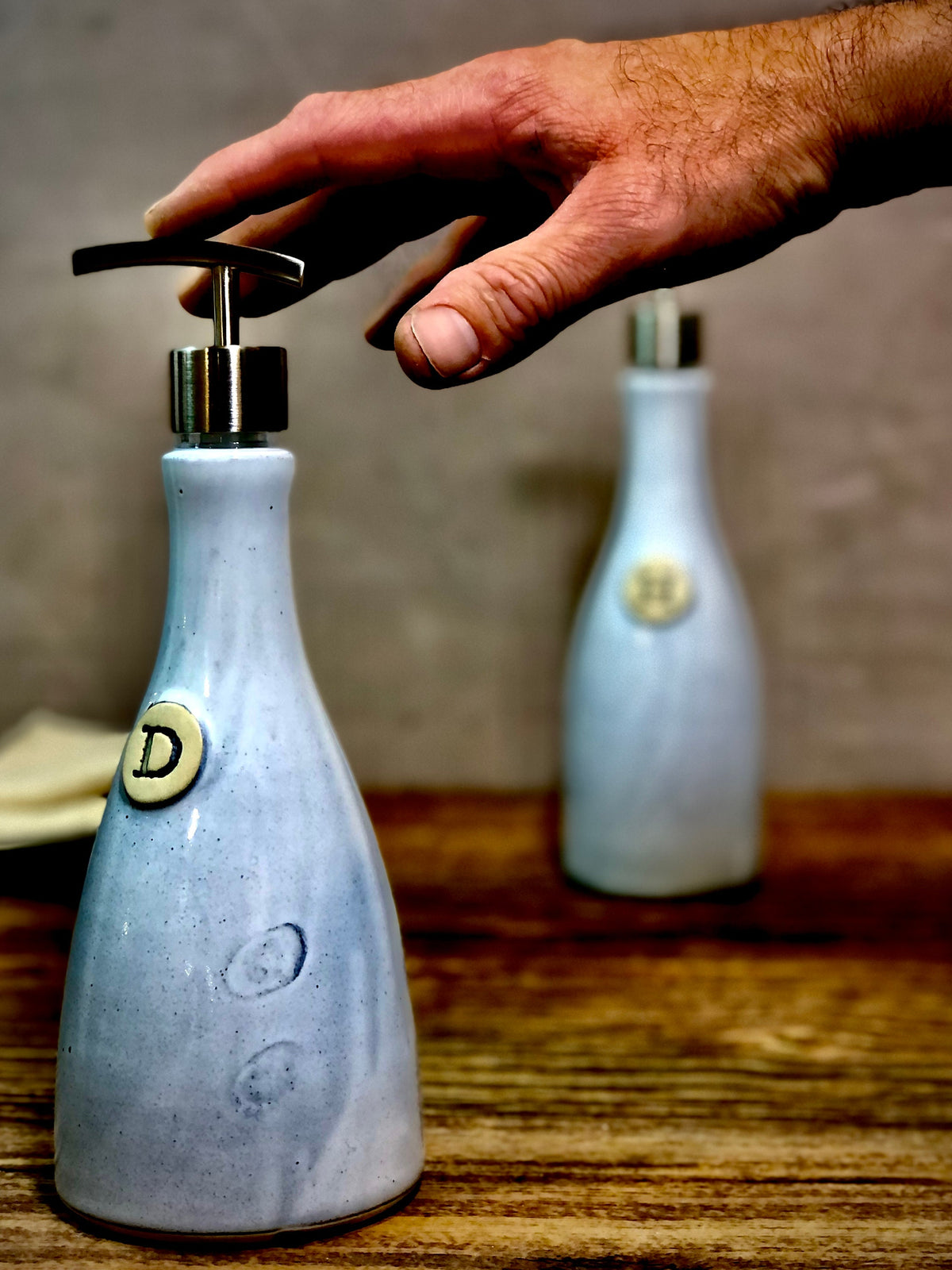 Hand Thrown Stoneware Soap Lotion Dispenser Pump White Stone Set Dish & Hand