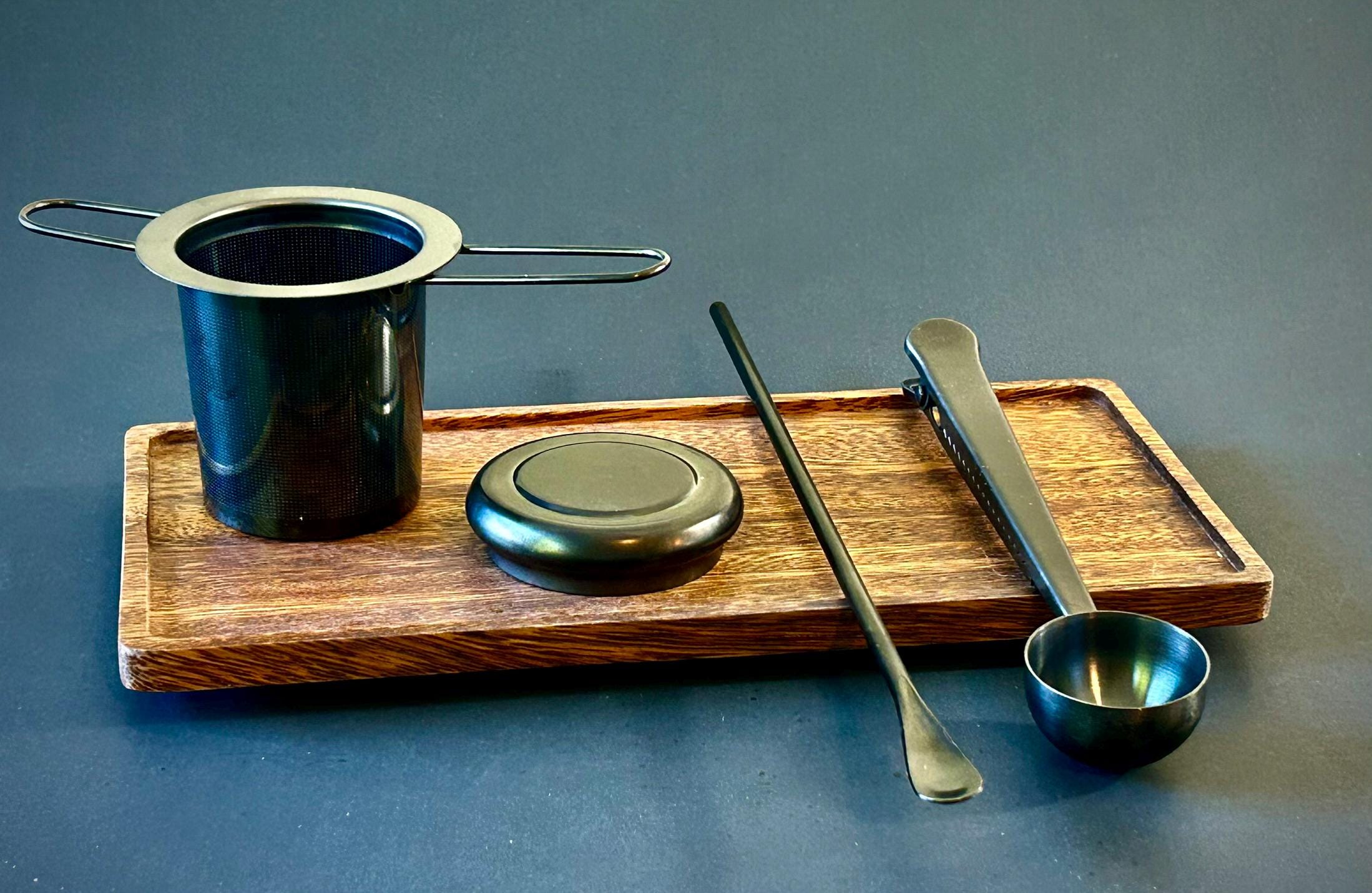 Full Tea Serving Set with Solid Acacia Wood Serving Tray 10 x 5 Inch Rectangular | Kitchen | Bar | Coffee | Tea | Strainer | Spoon | Stir