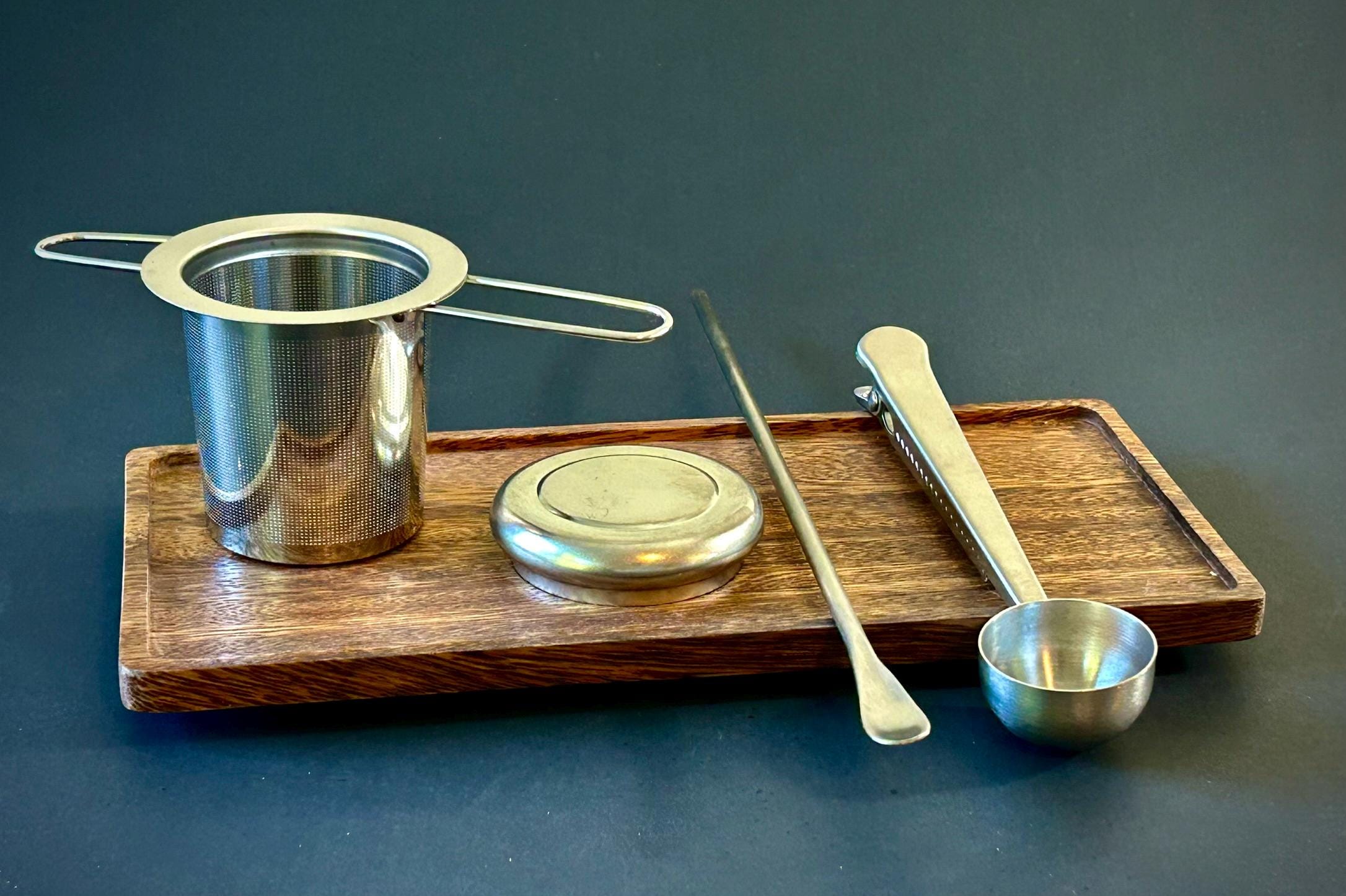 Full Tea Serving Set with Solid Acacia Wood Serving Tray 10 x 5 Inch Rectangular | Kitchen | Bar | Coffee | Tea | Strainer | Spoon | Stir