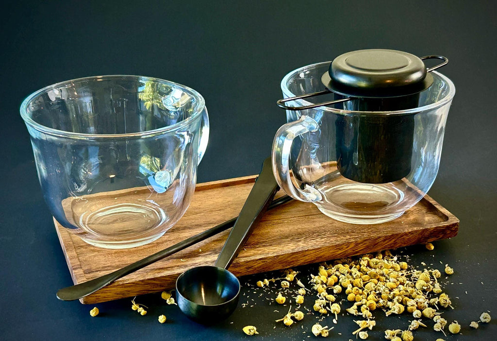 Full Tea Serving Set with Solid Acacia Wood Serving Tray 10 x 5 Inch Rectangular | Kitchen | Bar | Coffee | Tea | Strainer | Spoon | Stir