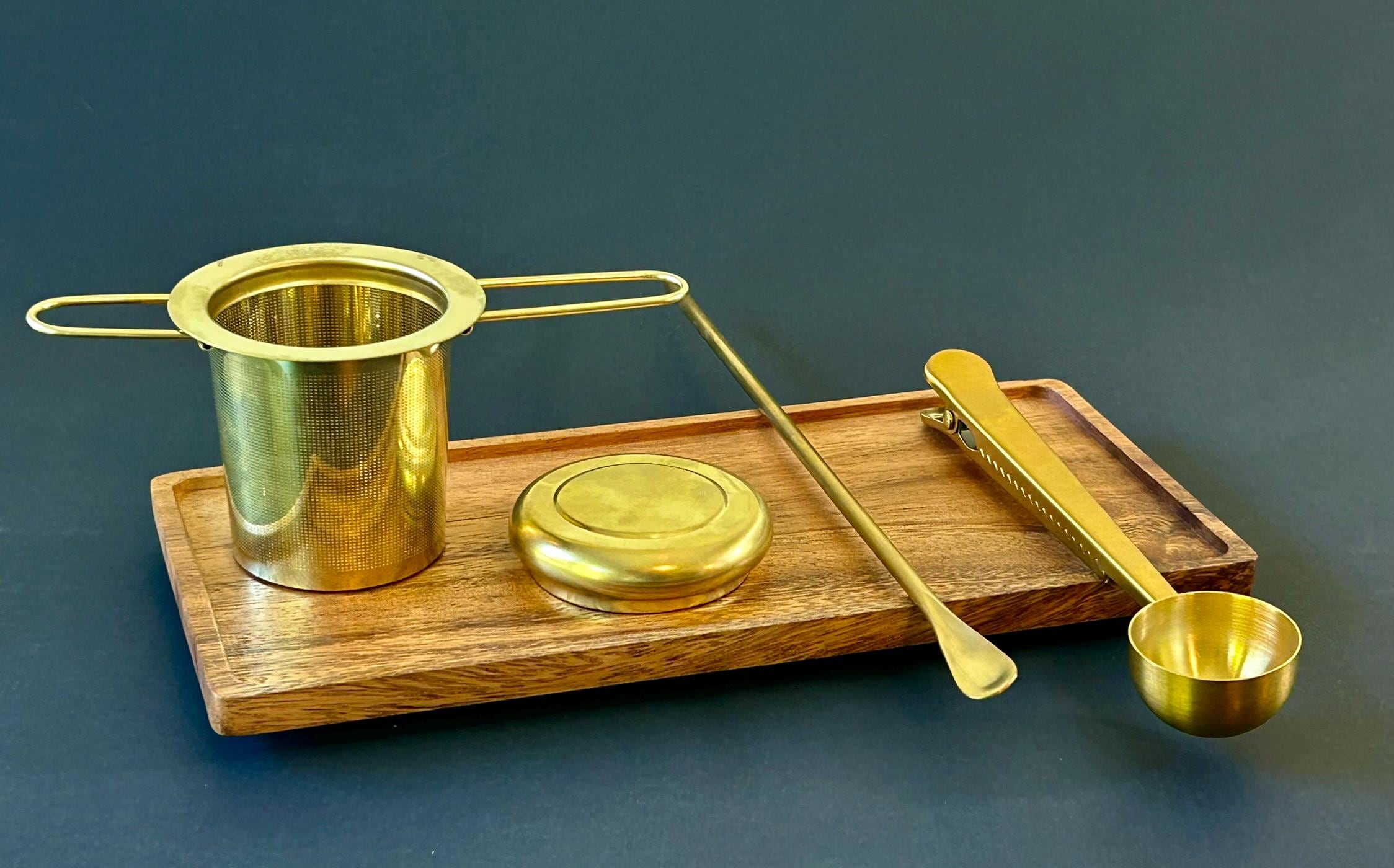 Full Tea Serving Set with Solid Acacia Wood Serving Tray 10 x 5 Inch Rectangular | Kitchen | Bar | Coffee | Tea | Strainer | Spoon | Stir