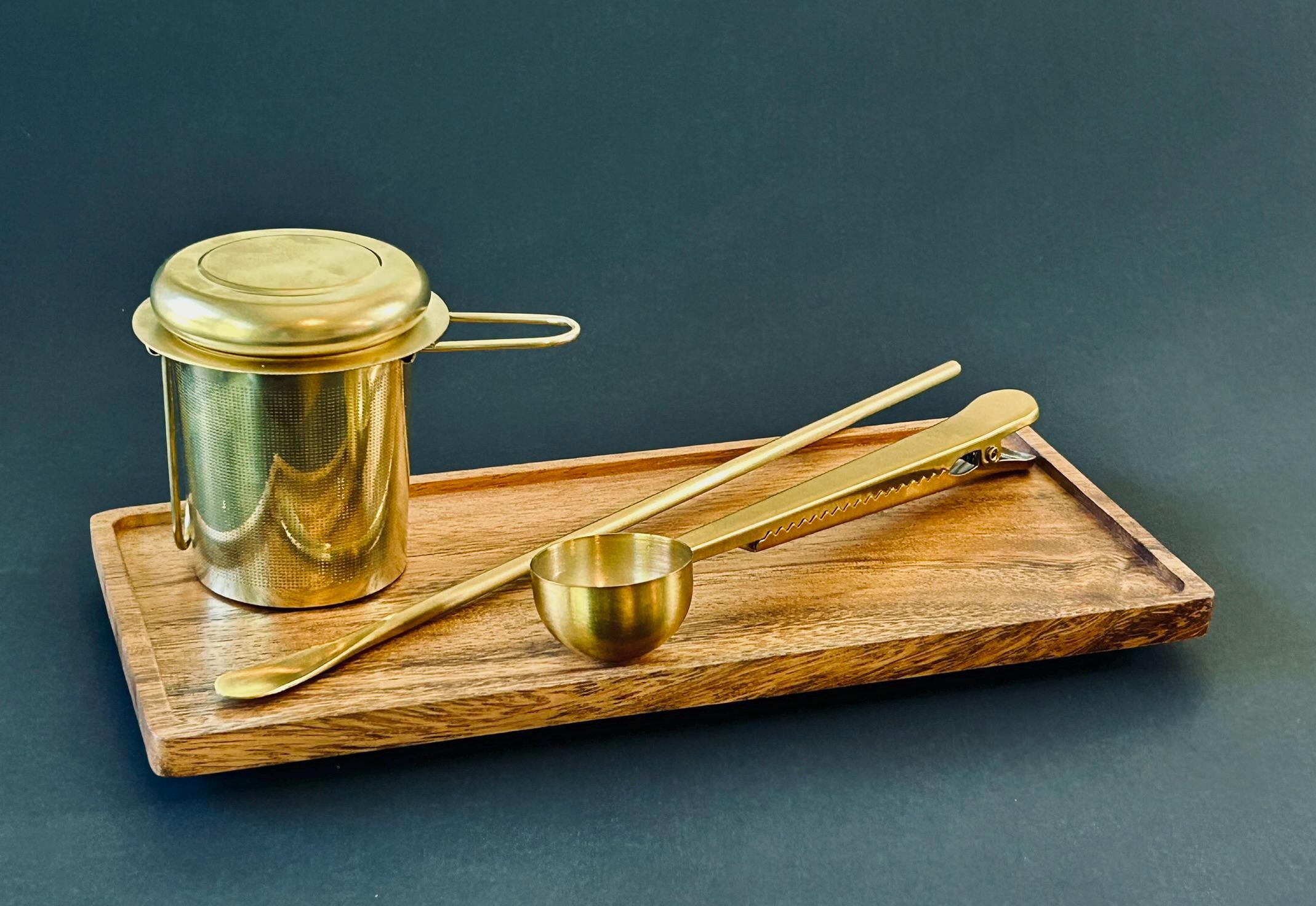 Full Tea Serving Set with Solid Acacia Wood Serving Tray 10 x 5 Inch Rectangular | Kitchen | Bar | Coffee | Tea | Strainer | Spoon | Stir
