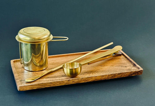 Full Tea Serving Set with Solid Acacia Wood Serving Tray 10 x 5 Inch Rectangular | Kitchen | Bar | Coffee | Tea | Strainer | Spoon | Stir