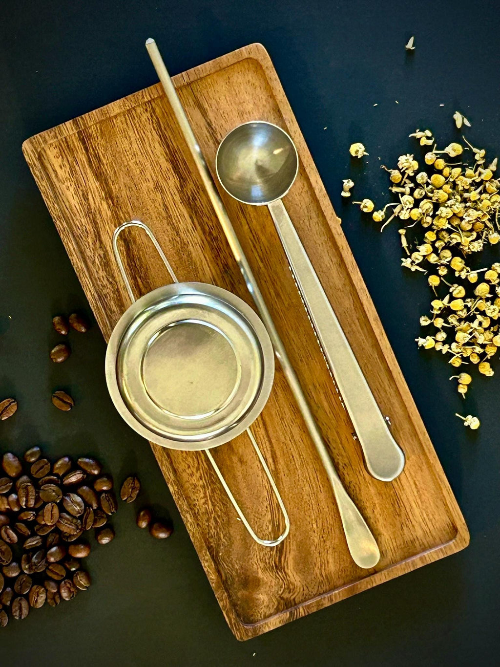 Full Tea Serving Set with Solid Acacia Wood Serving Tray 10 x 5 Inch Rectangular | Kitchen | Bar | Coffee | Tea | Strainer | Spoon | Stir