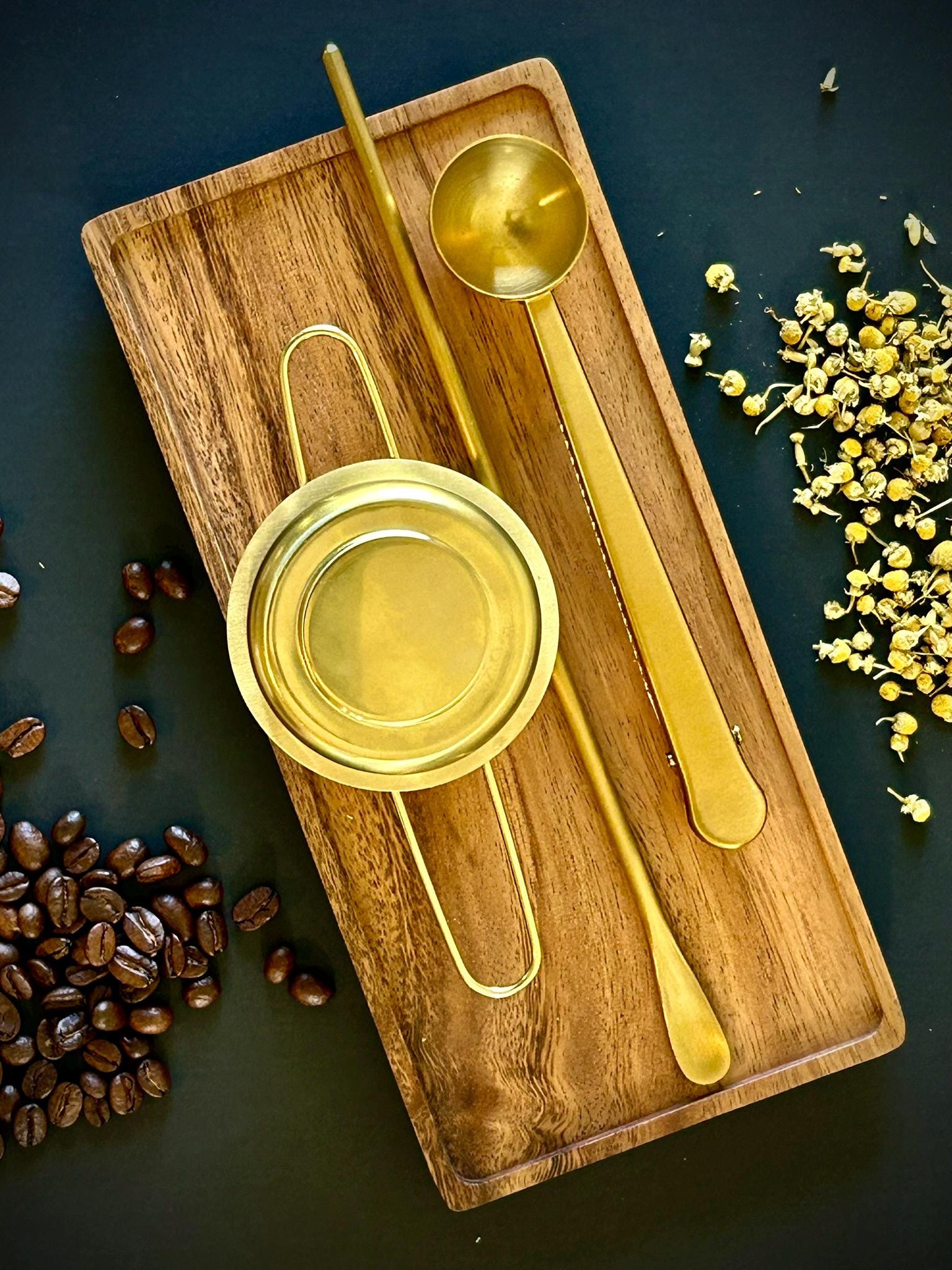 Full Tea Serving Set with Solid Acacia Wood Serving Tray 10 x 5 Inch Rectangular | Kitchen | Bar | Coffee | Tea | Strainer | Spoon | Stir