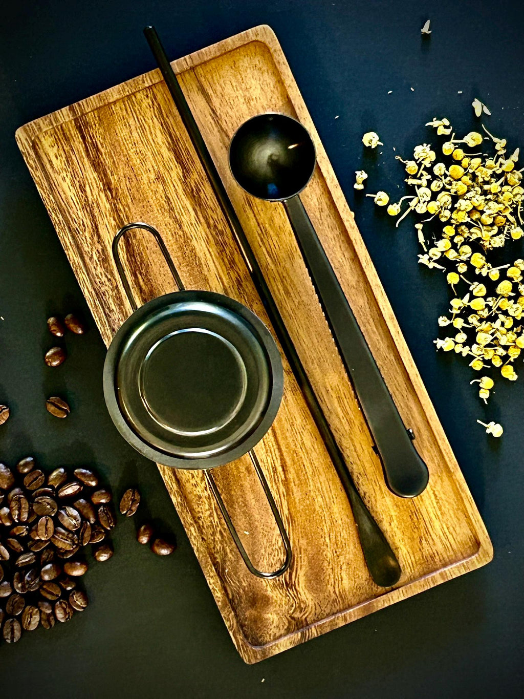 Full Tea Serving Set with Solid Acacia Wood Serving Tray 10 x 5 Inch Rectangular | Kitchen | Bar | Coffee | Tea | Strainer | Spoon | Stir