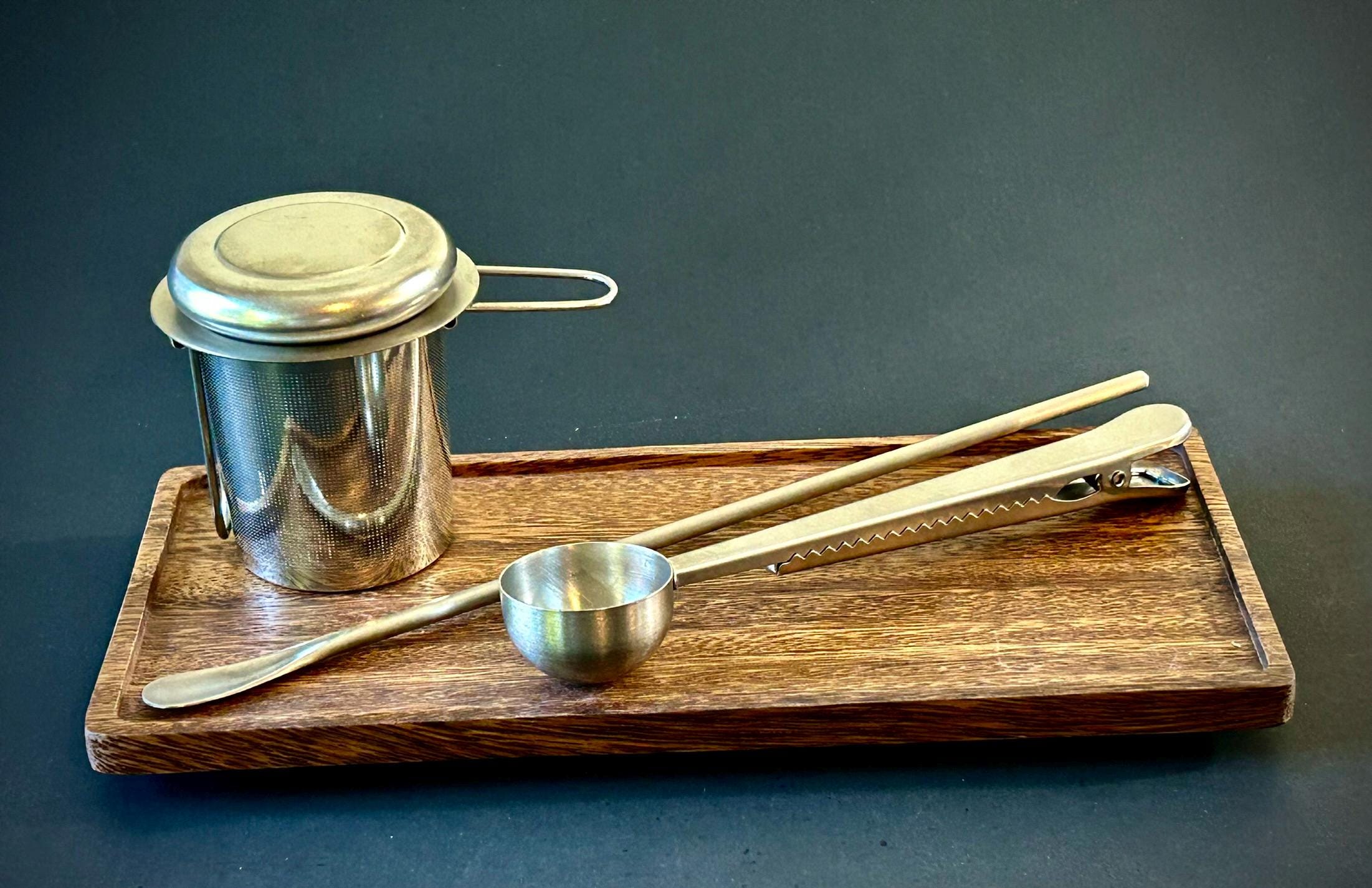 Full Tea Serving Set with Solid Acacia Wood Serving Tray 10 x 5 Inch Rectangular | Kitchen | Bar | Coffee | Tea | Strainer | Spoon | Stir