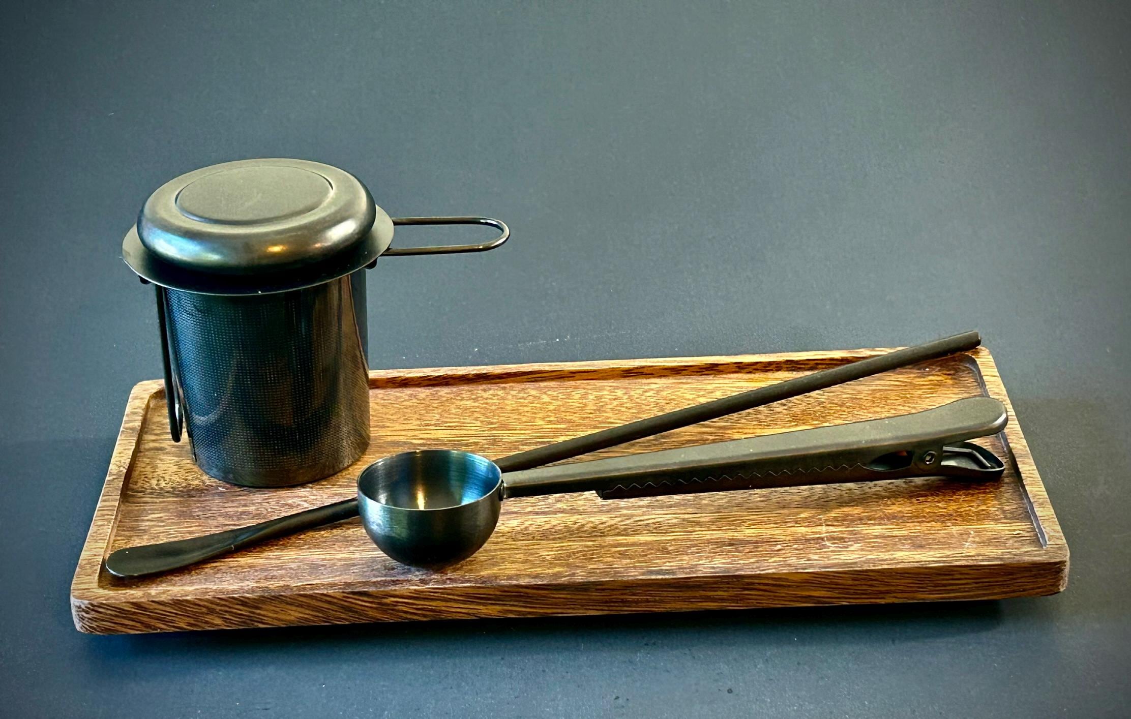 Full Tea Serving Set with Solid Acacia Wood Serving Tray 10 x 5 Inch Rectangular | Kitchen | Bar | Coffee | Tea | Strainer | Spoon | Stir