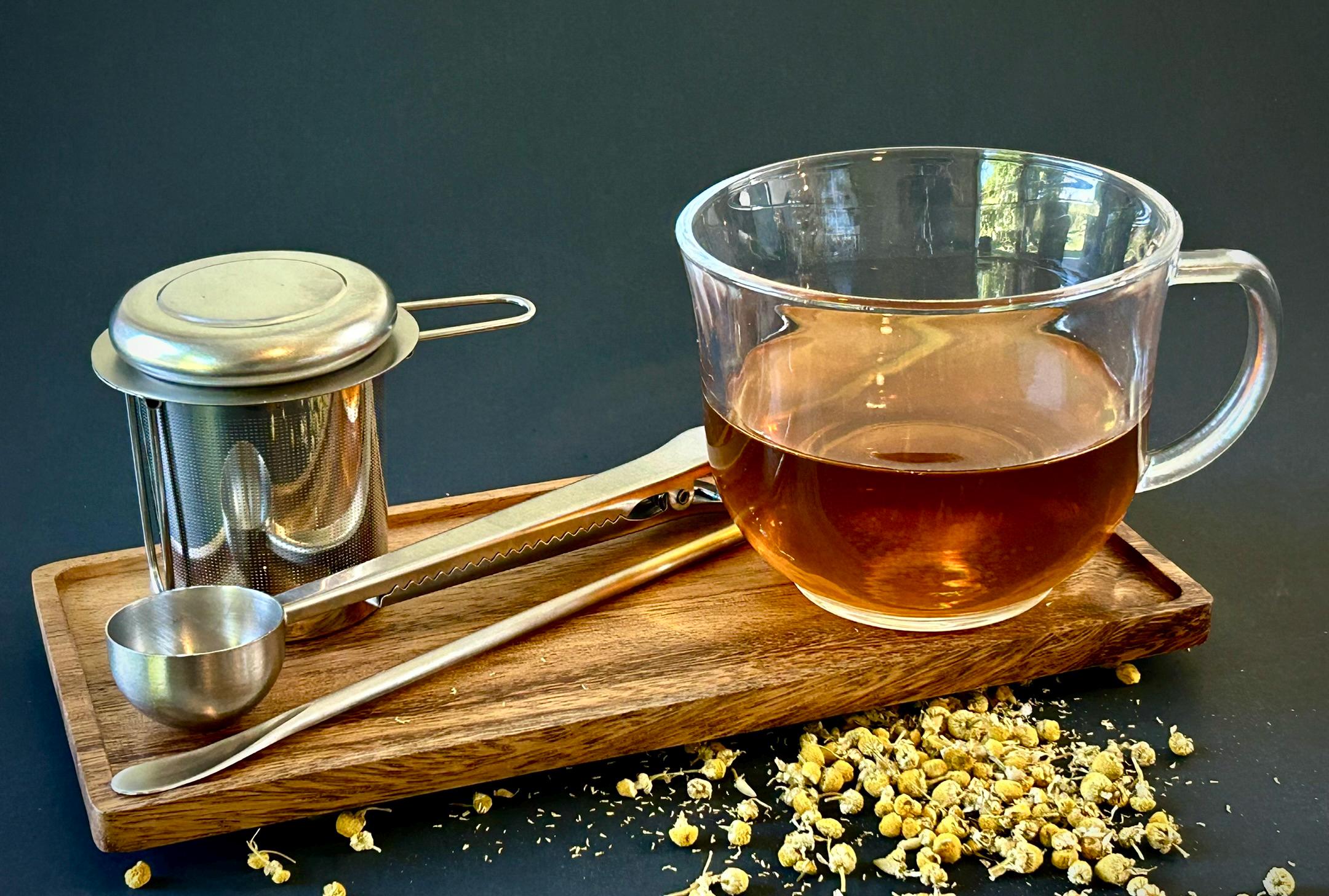 Full Tea Serving Set with Solid Acacia Wood Serving Tray 10 x 5 Inch Rectangular | Kitchen | Bar | Coffee | Tea | Strainer | Spoon | Stir