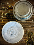 Loose Leaf Tea Infuser & Handmade Ceramic Drip Plate SET | Stainless Steel Steeper | Linen Gray Stoneware Rest | Tea Brewing Accessories