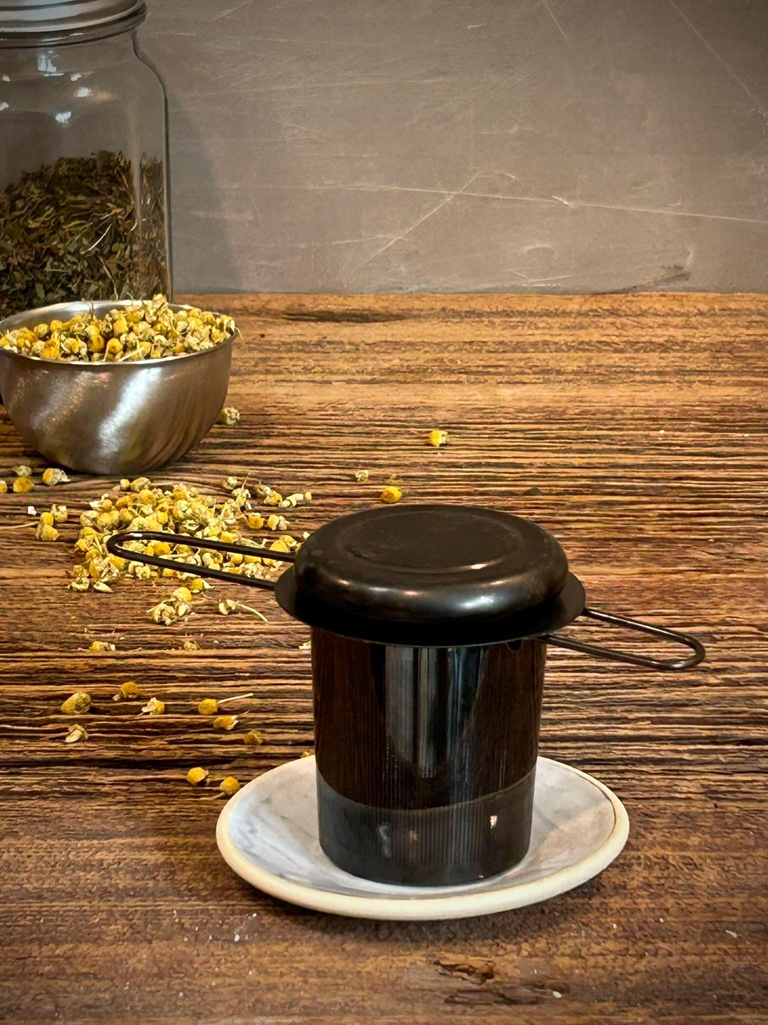 Loose Leaf Tea Infuser & Handmade Ceramic Drip Plate SET | Stainless Steel Steeper | Linen Gray Stoneware Rest | Tea Brewing Accessories
