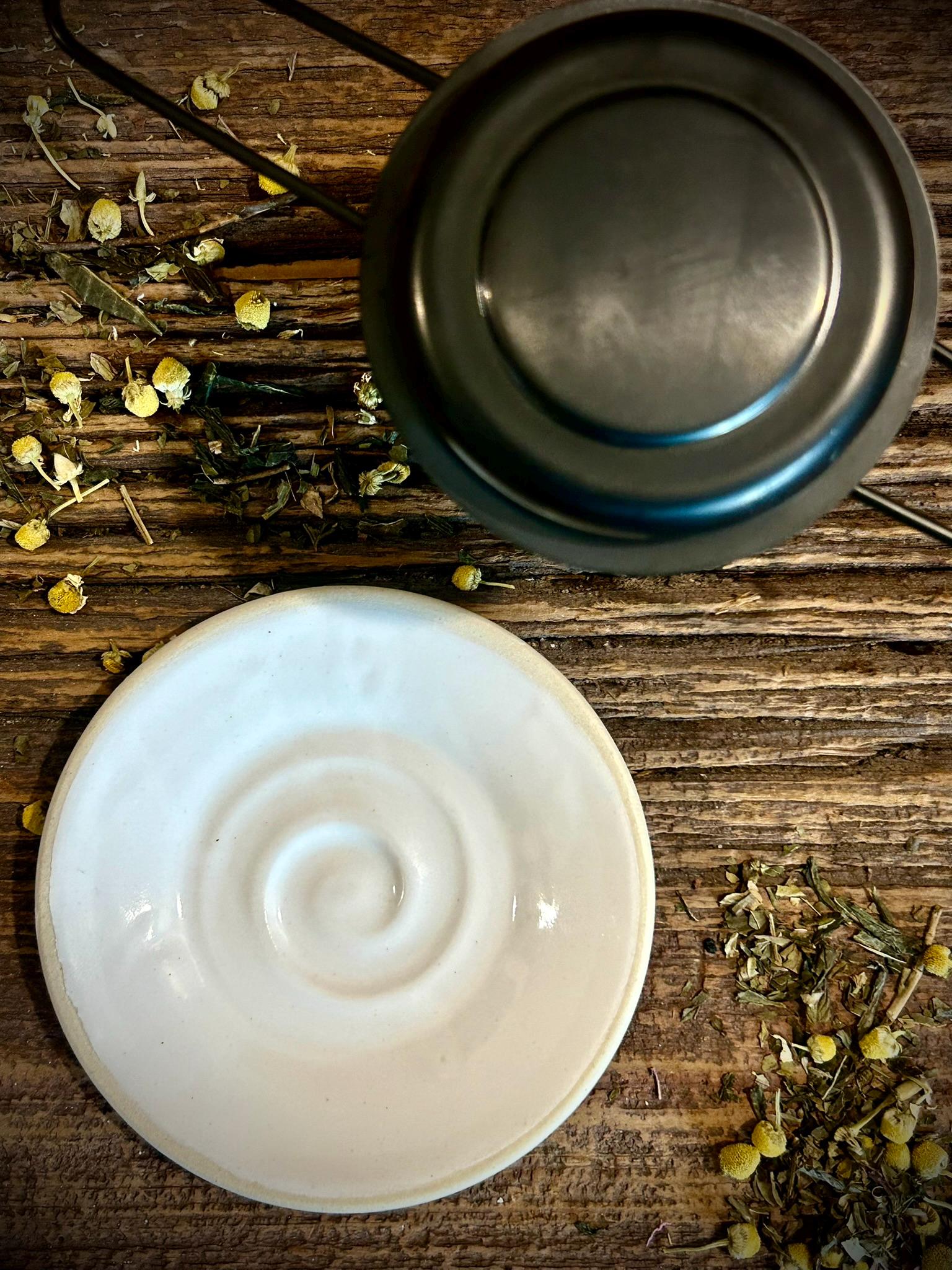 Loose Leaf Tea Infuser & Handmade Ceramic Drip Plate SET | Stainless Steel Steeper | White Dove Stoneware Rest | Tea Brewing Accessories