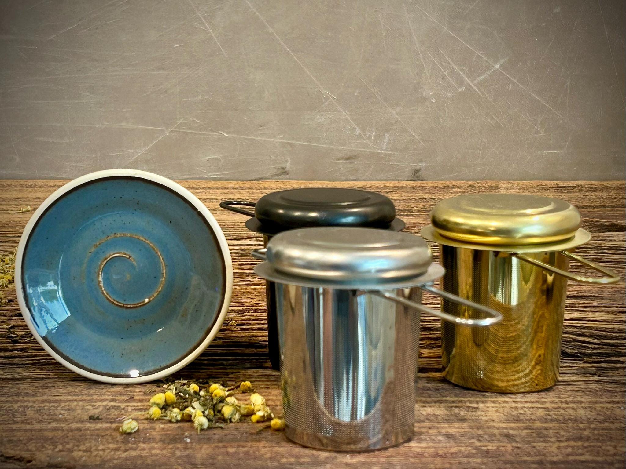 Loose Leaf Tea Infuser & Handmade Ceramic Drip Plate SET | Stainless Steel Steeper | Riverdrift Stoneware Rest | Tea Brewing Accessories