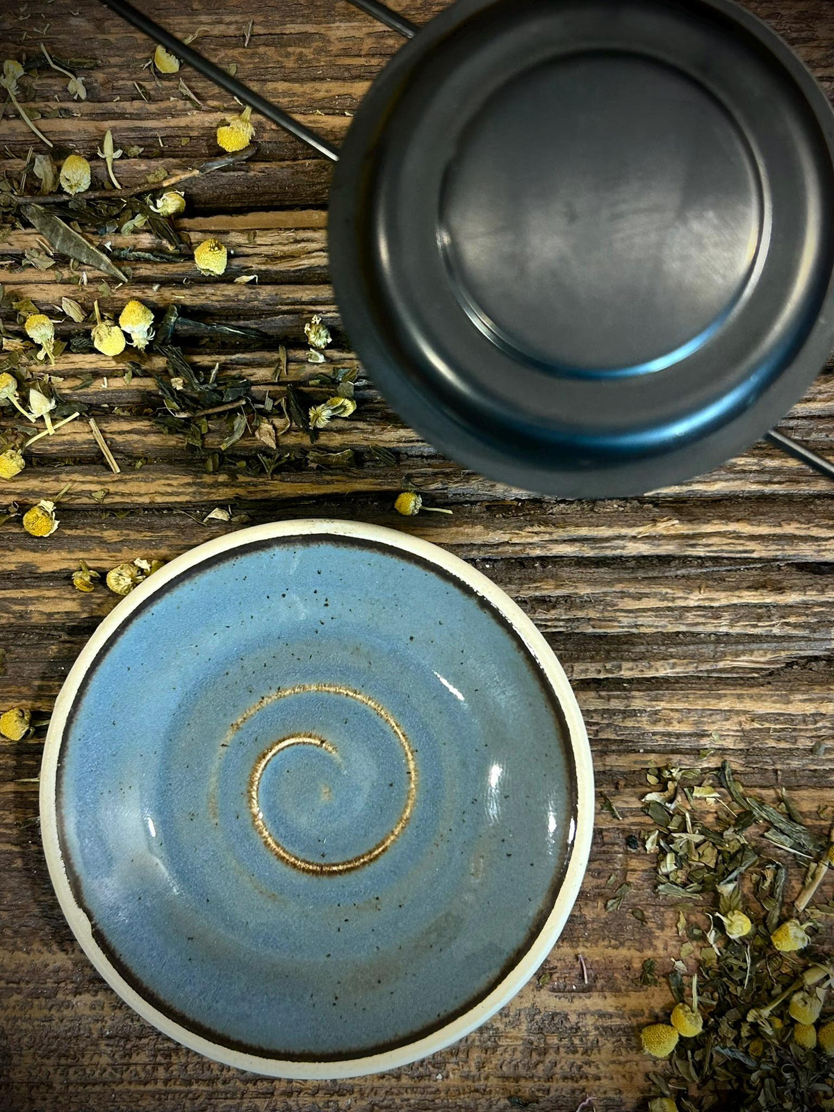 Loose Leaf Tea Infuser & Handmade Ceramic Drip Plate SET | Stainless Steel Steeper | Riverdrift Stoneware Rest | Tea Brewing Accessories