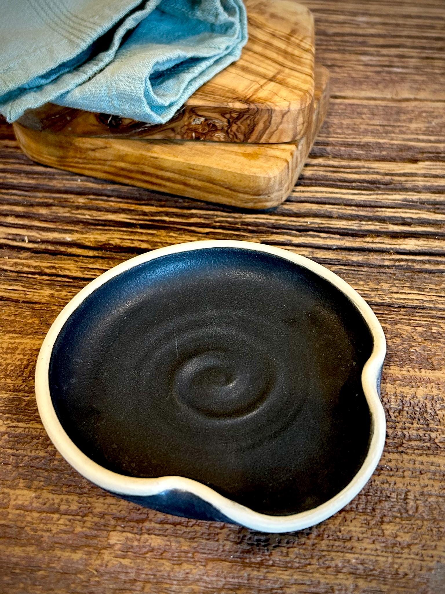 Handmade Ceramic Spoon Rest | Blackstone Stoneware Spoon Holder | Pottery Utensil Rest