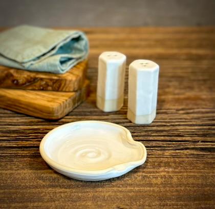 Handmade Ceramic Spoon Rest | White Dove Stoneware Spoon Holder | Pottery Utensil Rest
