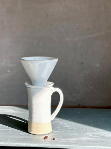 Handmade Stoneware Pour Over & Coffee Mug SET | White Dove Tall Ceramic Mug Coffee Dripper SET | Wheel Thrown Pottery