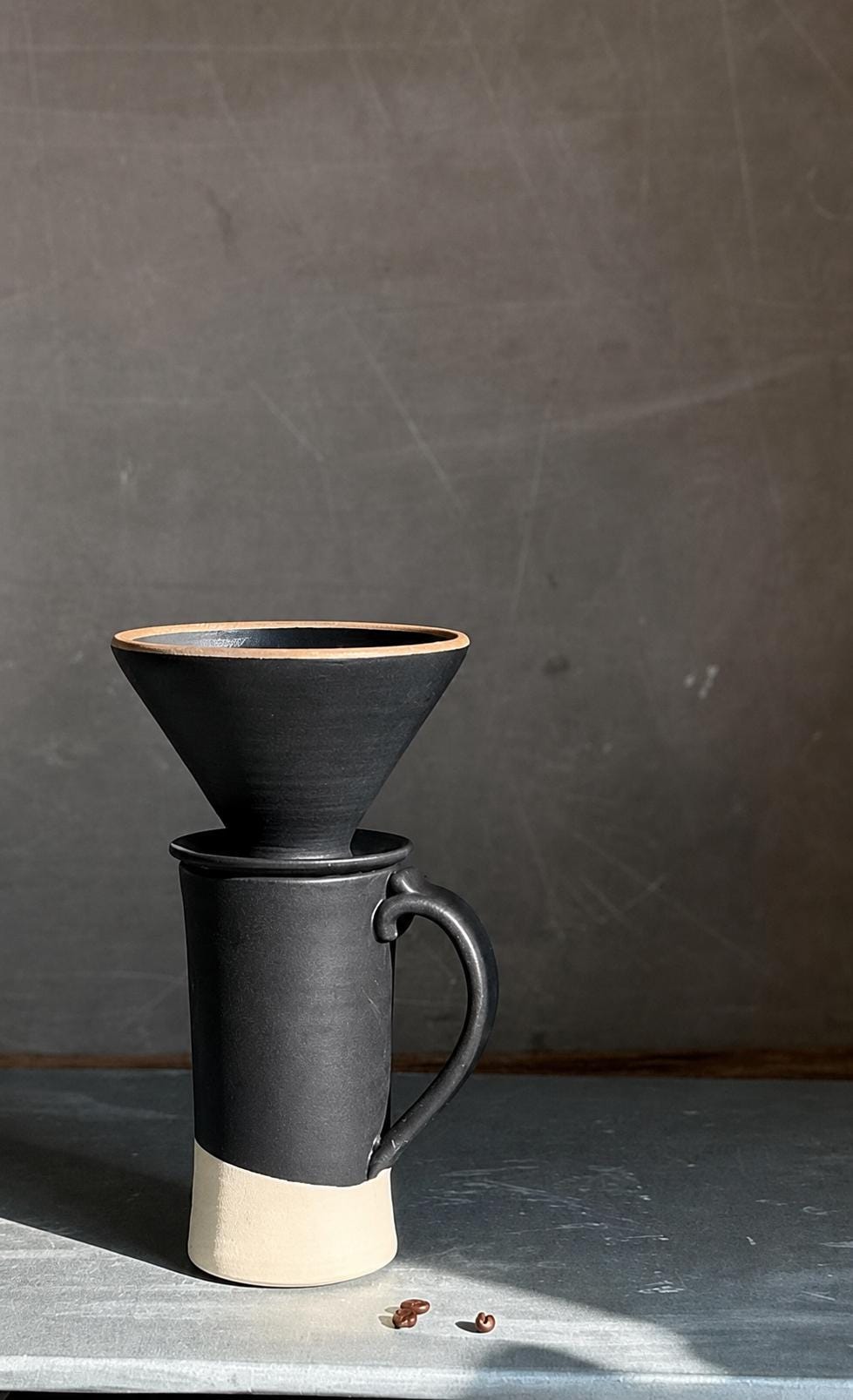 Handmade Stoneware Pour Over & Coffee Mug SET | Blackstone Tall Ceramic Mug Coffee Dripper SET | Wheel Thrown Pottery