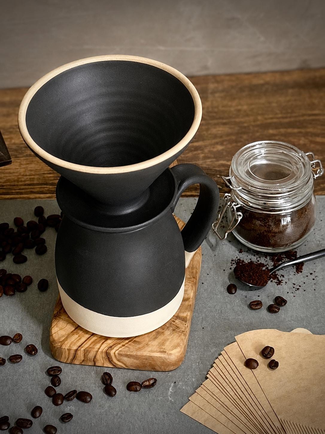 Handmade Stoneware Pour Over & Coffee Mug SET | Blackstone Bell Ceramic Mug Coffee Dripper SET | Wheel Thrown Pottery