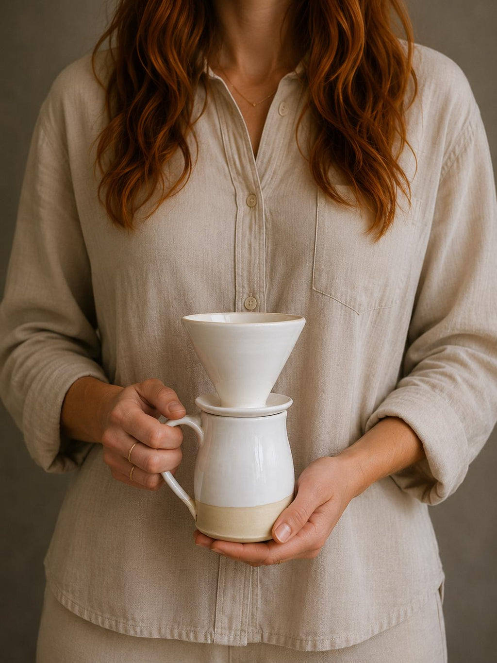 Handmade Stoneware Pour Over & Coffee Mug SET | White Dove Bell Ceramic Mug Coffee Dripper SET | Wheel Thrown Pottery