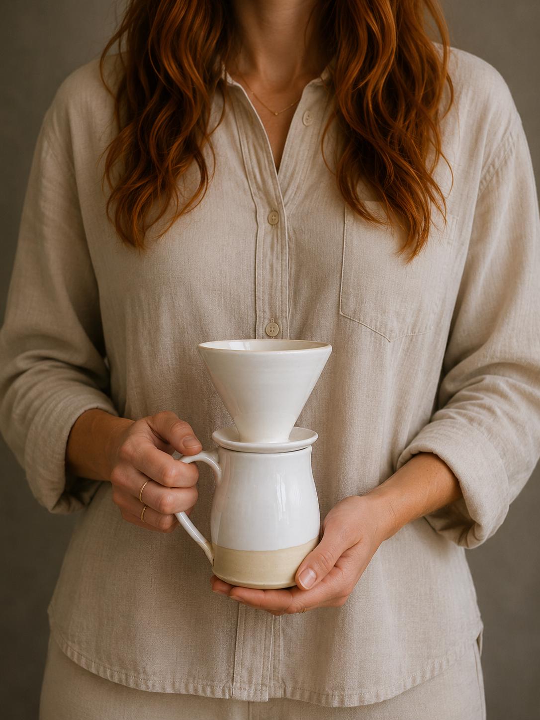 Handmade Stoneware Pour Over & Coffee Mug SET | White Dove Bell Ceramic Mug Coffee Dripper SET | Wheel Thrown Pottery