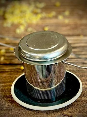 Loose Leaf Tea Infuser & Handmade Ceramic Drip Plate SET | Stainless Steel Steeper | Blackstone Stoneware Rest | Tea Brewing Accessories