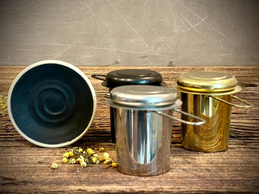 Loose Leaf Tea Infuser & Handmade Ceramic Drip Plate SET | Stainless Steel Steeper | Blackstone Stoneware Rest | Tea Brewing Accessories