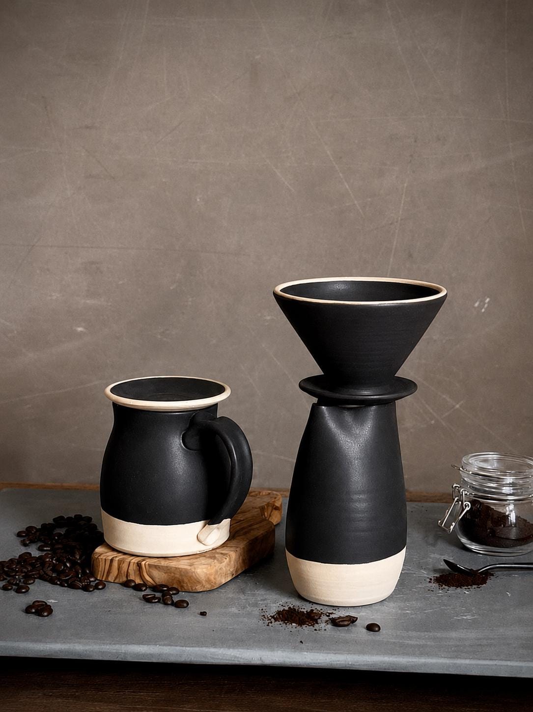 Handmade Stoneware Pour Over & Coffee Mug SET | Blackstone Tall Ceramic Mug Coffee Dripper SET | Wheel Thrown Pottery