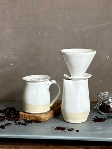 Handmade Stoneware Pour Over & Coffee Mug SET | White Dove Bell Ceramic Mug Coffee Dripper SET | Wheel Thrown Pottery