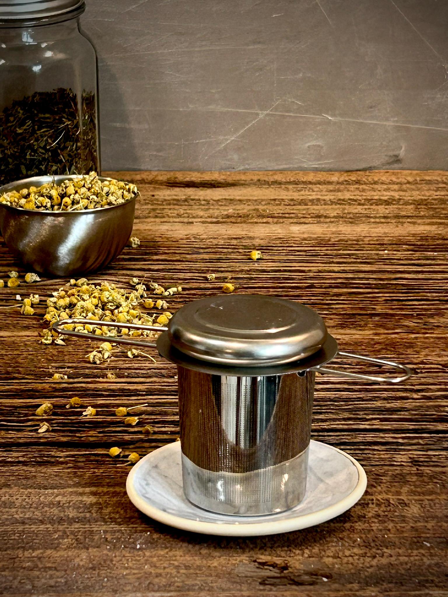Loose Leaf Tea Infuser & Handmade Ceramic Drip Plate SET | Stainless Steel Steeper | Linen Gray Stoneware Rest | Tea Brewing Accessories