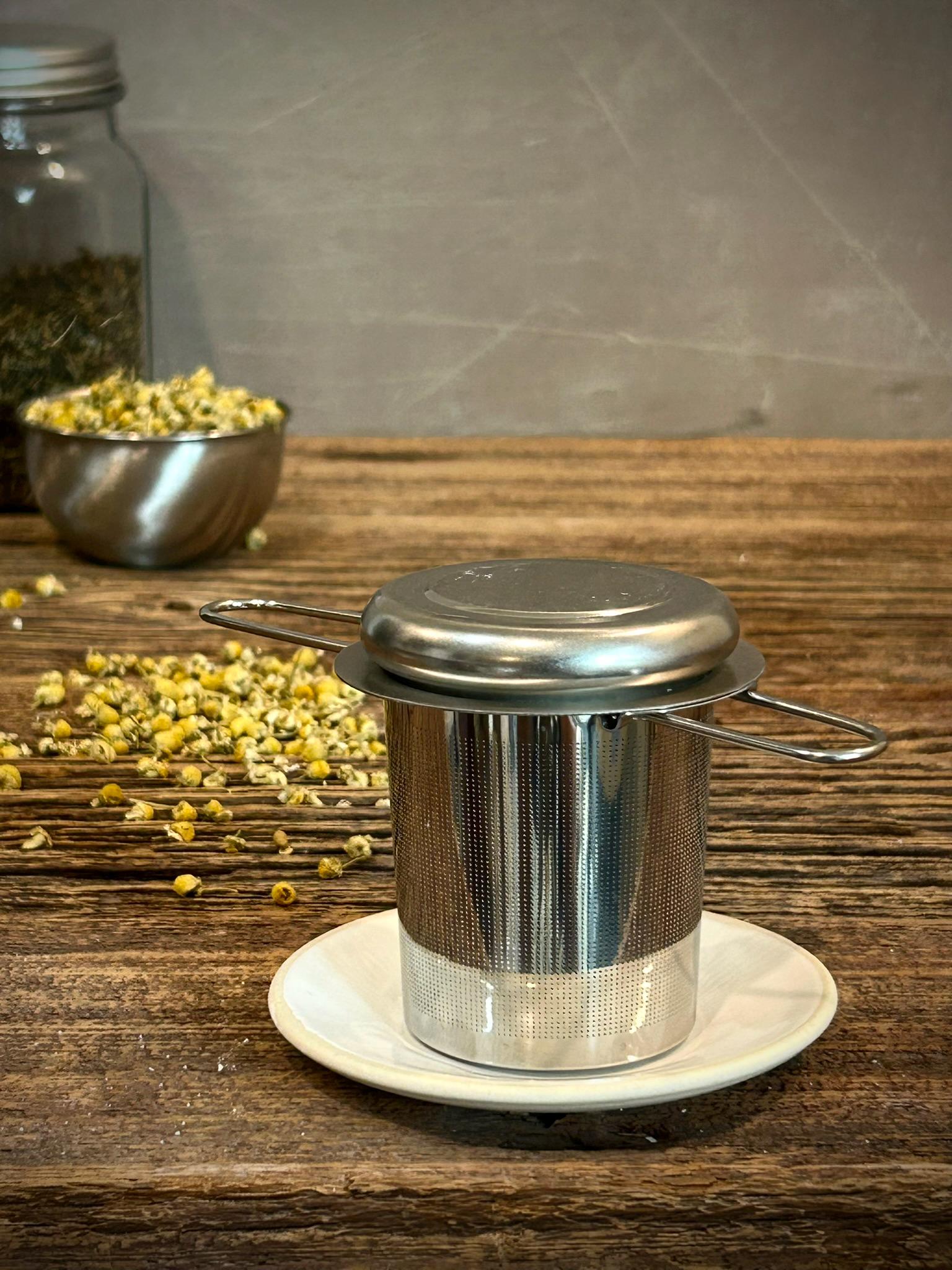 Loose Leaf Tea Infuser & Handmade Ceramic Drip Plate SET | Stainless Steel Steeper | White Dove Stoneware Rest | Tea Brewing Accessories