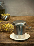 Loose Leaf Tea Infuser & Handmade Ceramic Drip Plate SET | Stainless Steel Steeper | White Dove Stoneware Rest | Tea Brewing Accessories