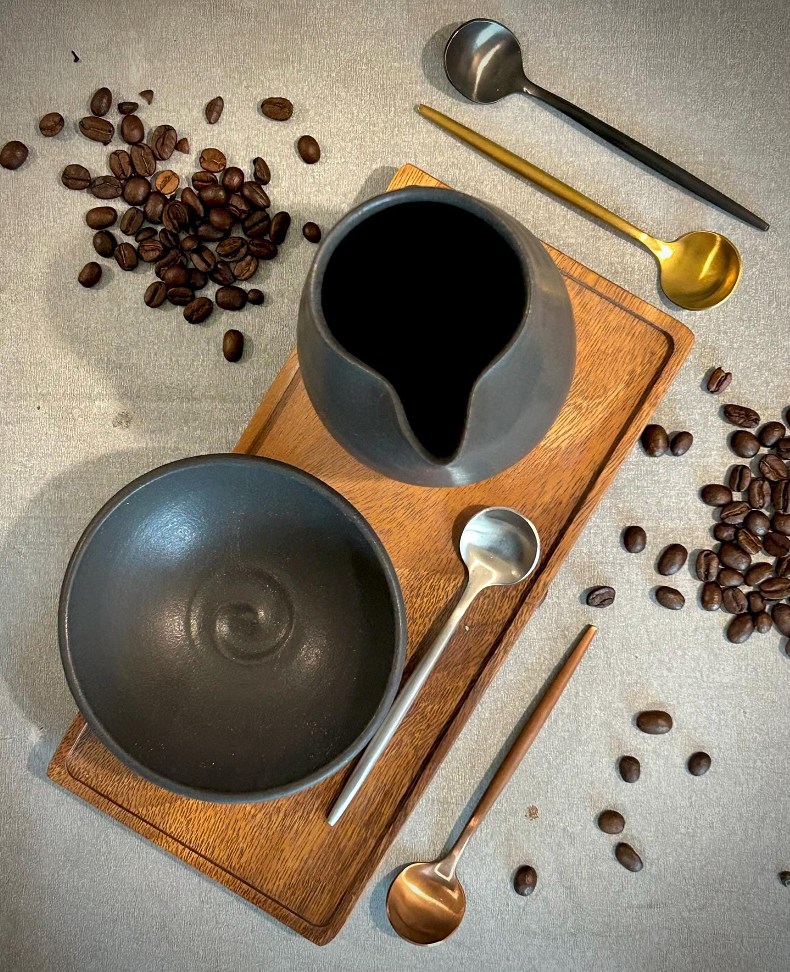 Handmade Ceramic Cream & Sugar SET | Blackstone Artisan Stoneware Creamer, Sugar Bowl, Spoon and Tray SET | Pottery Coffee Bar Set