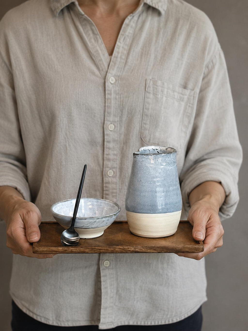 Handmade Ceramic Cream & Sugar SET | Linen Gray Artisan Stoneware Creamer, Sugar Bowl, Spoon and Tray SET | Pottery Coffee Bar Set