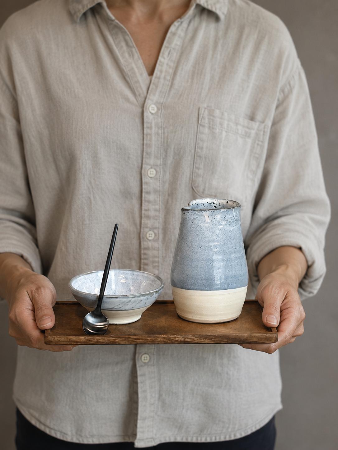 Handmade Ceramic Cream & Sugar SET | Linen Gray Artisan Stoneware Creamer, Sugar Bowl, Spoon and Tray SET | Pottery Coffee Bar Set