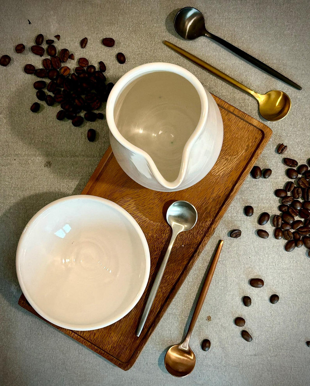 Handmade Ceramic Cream & Sugar SET | White Dove Artisan Stoneware Creamer, Sugar Bowl, Spoon and Tray SET | Pottery Coffee Bar Set