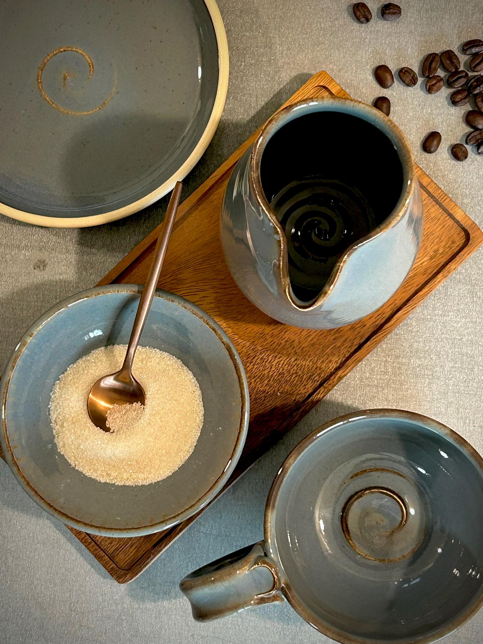 Handmade Ceramic Cream & Sugar SET | Riverdrift Artisan Stoneware Creamer, Sugar Bowl, Spoon and Tray SET | Pottery Coffee Bar Set