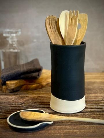 Handmade Ceramic Utensil Holder, Wine Chiller & Vase | Matte Blackstone Artisan Stoneware Kitchen Crock
