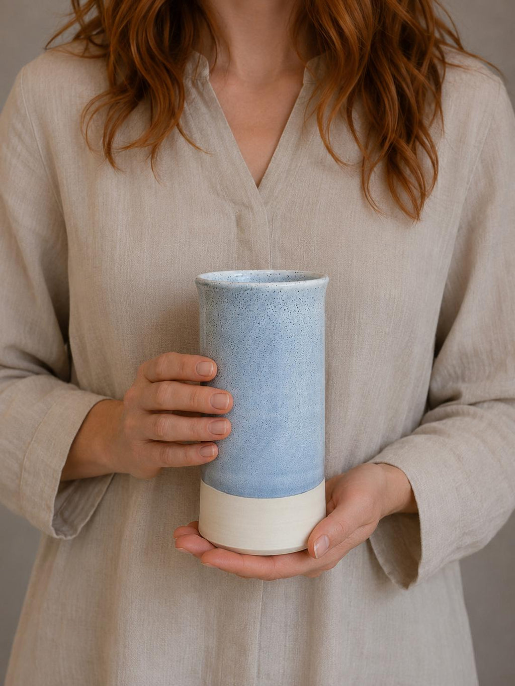 Handmade Ceramic Wine Chiller, Utensil Holder & Vase | Linen Gray Artisan Stoneware Kitchen Crock | Champagne Chiller
