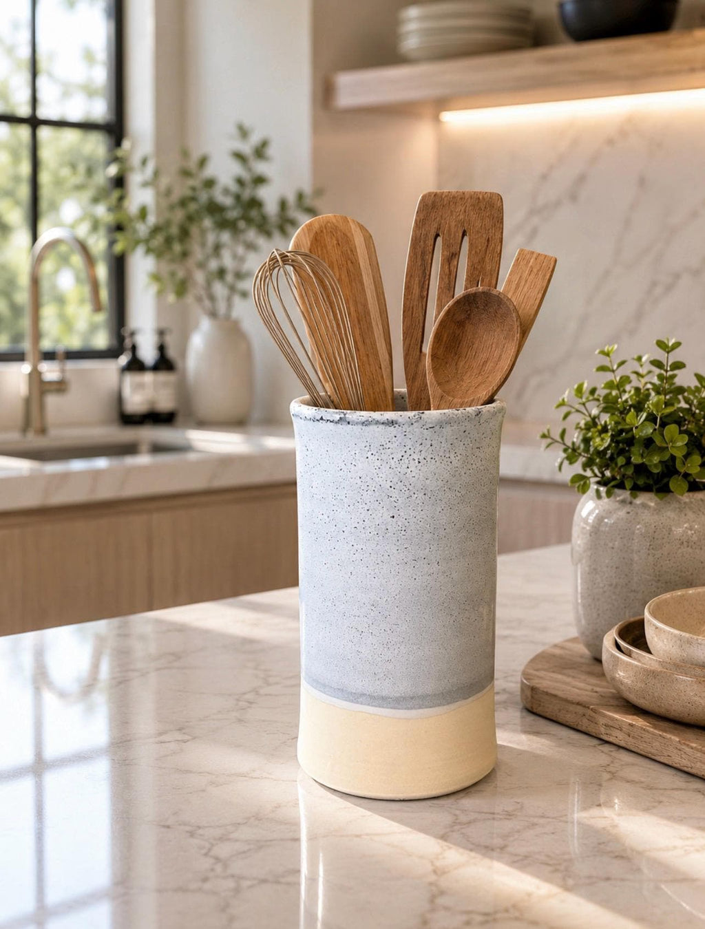 Handmade Ceramic Wine Chiller, Utensil Holder & Vase | Linen Gray Artisan Stoneware Kitchen Crock | Champagne Chiller