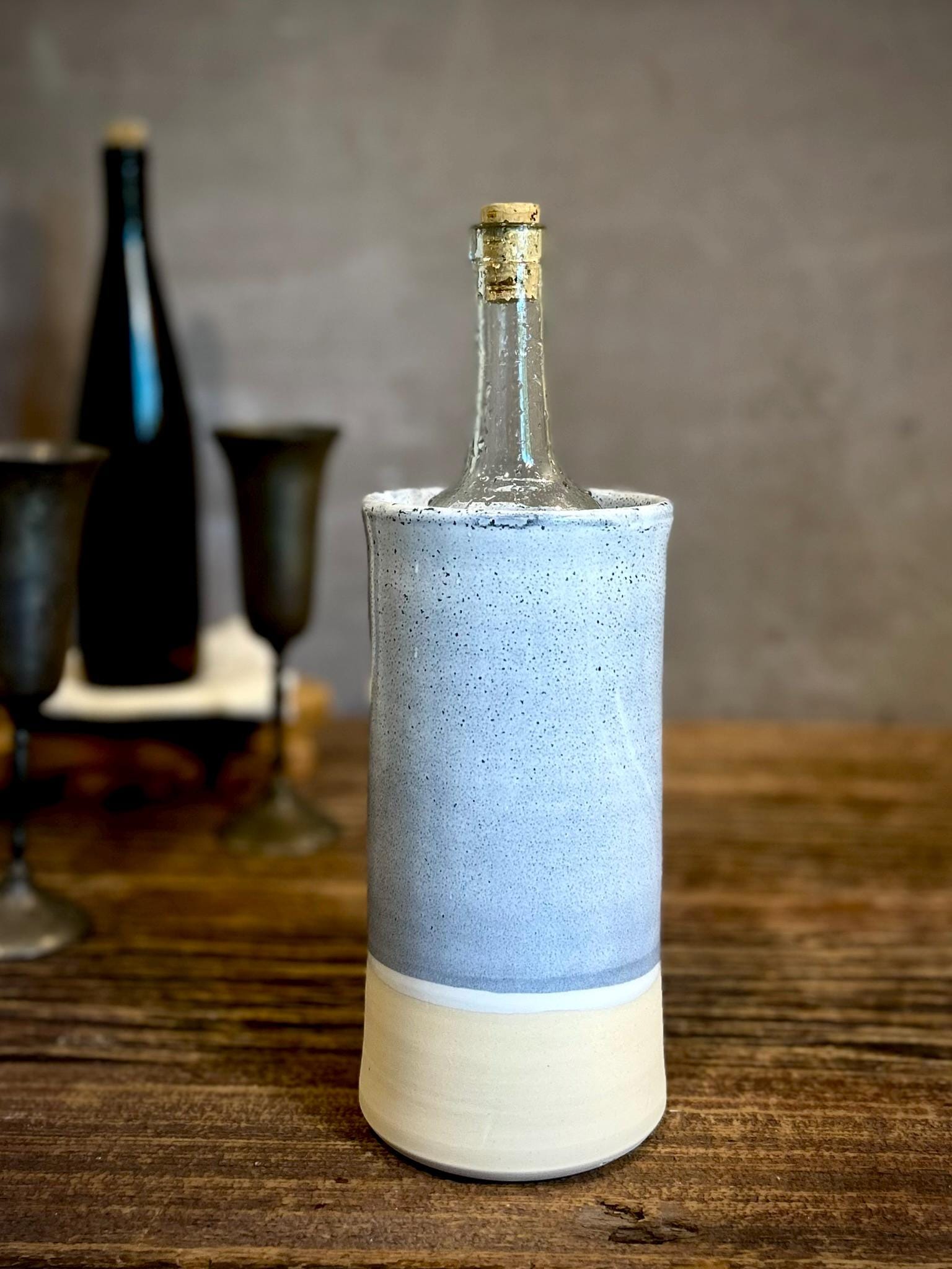Handmade Ceramic Wine Chiller, Utensil Holder & Vase | Linen Gray Artisan Stoneware Kitchen Crock | Champagne Chiller